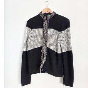 Chico's Black and White Geometric Knit Cardigan Fringe Sweater Jacket